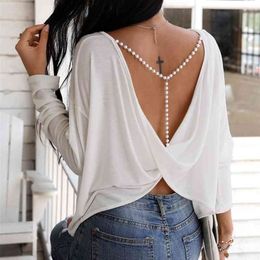 Autumn Spring Women Fashion Elegant Sexy Long Sleeve Ladies Open Back Top Solid Beaded Strap Backless Twisted Top 210324