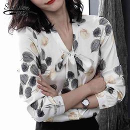 Fashion Women Blouses Print Chiffon Shirt Bow V Collar Office Top Plus Size Long Sleeve Shirts 2064 50 210508