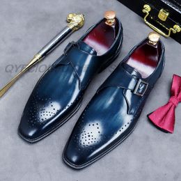 Handmade Mens Office Business Shoes Genuine Leather Wedding Suit Dress Loafers Blue Luxury Monk Strap Buckle Formal Men Shoes