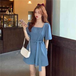 Rompers Women Chiffon Square Collar Sashes Solid Short Sleeve Summer Womens Soft Slim Fashion Simple Ins Leisure Chic Jumpsuit 210515