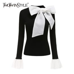 TWOTWINSTYLE Elegant Patchwork Bowknot Sweater For Women O Neck Long Sleeve Slim Knitted Pullovers Female Fashion Clothing 210517