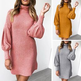 Autumn Winter Turtleneck Solid Wrap Hip Knitted Sweater Dress Women Lantern Sleeve Slim Streetwear Casual Dress Elegant Grey 210507