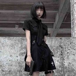 QWEEK Women's Goth Dress Punk Gothic Harajuku Shirt Dress Gothic Punk Rock Dress Rave Emo Clothes Mall Goth Accessories 210325