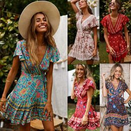 Ruffle Sleeve Floral Print Ethnic Summer Beach Female Split Stylish Women Dress Sleeveless V-Neck Spaghetti Strap Beach Dress 210527