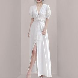 Elegant Chic Single-Breasted Women Long Dress Puff Sleeve Female Sexy Split Vestidos Fashion Summer es 210520