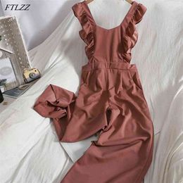 Spring Arrival Women Casual Solid Jumpsuit Office Lady Sleeveless Ruffle Sexy Top Long Wide Leg Pants Outfits 210430