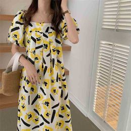 Korean Stylish Femme Loose Oversize All Match Florals Printing Casual Chic Long Sweet Dresses Vestidos 210525