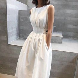 New Women Dress Elegant White Sleeveless Tank Dress Fashion Casual Party Solid Color Dress A Line Pocket Sundress Female Vestido 210422