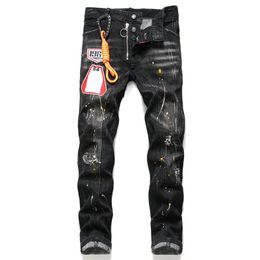Erkek kot jean hip hop pantolon sokak trend fermuar zinciri dekorasyon yırtılmış streç siyah moda ince fit yıkanmış motosycle denim panelli pantolon artı gfr