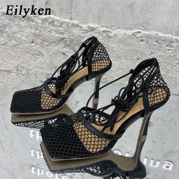 FACTORY_STORE01 2022 Neue Sexy Gelbe Mesh Pumps Sandalen Weiblichen Karree High Heel Lace Up Kreuz-gebunden Stiletto Hohl kleid Schuhe