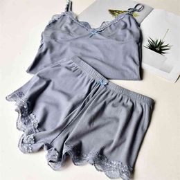 Two Piece Cotton Pajamas Set for Women Sexy Lace Top And Shorts Pajama Sets Spaghetti Strap Sleepwear High Elastic Woman Clothes 210830