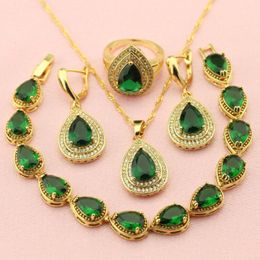 Earrings & Necklace WPAITKYS Trendy Green Water Drop Cubic Zirconia Gold Color Jewelry Sets For Women Weding Pendant Ring Bracelet Free Box