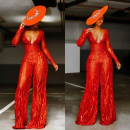 Red Illusion Lace Jumpsuit Prom Dresses Aso Ebi Arabic Long Sleeves Deep V Neck African Evening Gowns Reception Second Dress
