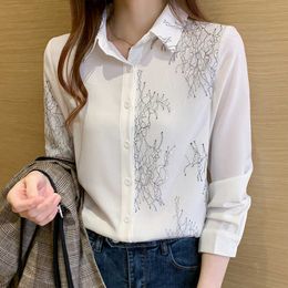 Korean Women Blouse White Shirts Woman Long Sleeve Blouses Chiffon Elegant Office Lady Printing Tops Plus Size 210531