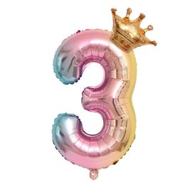 32inch Rainbow Foil Number Balloon with Crown Decor Wedding Anniversary Latex Balloons Kids Birthday Air Ball Supply KKB7734