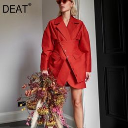DEAT New Spring And Summer Fashion Casual Long Sleeve Solid Crowd Waist Irregular Loose Two-piece Blazer Coat Women SJ930 210428