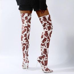 Boots Cow Leopard Long Women High Heel Boot Pointed Toe Sexy Club Shoes Thigh Over-the-Knee