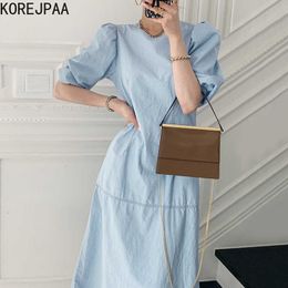 Korejpaa Women Dress Summer Korean Chic Summer Temperament O Neck Bright Line Design Loose Bubble Sleeves Blue Dresses 210526
