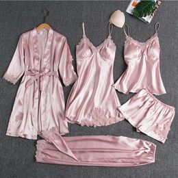 Womens Sleepwear 5pcs Kimono Robe Gown Satin Pyjama Set Women Pour Femme Lace Trim Intimate Lingerie Loungewear V-neck Bathrobe Suit