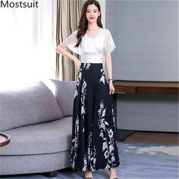 Summer Office Fashion 3 Piece Sets Outfits Women Short Sleeve Tops + Tube High Waist Printed Wide Leg Pants Elegant Suits 210513