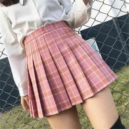 QRWR XS-3XL Plaid Summer Women Skirt High Waist Stitching Student Pleated s Cute Sweet Girls Dance Mini 210619