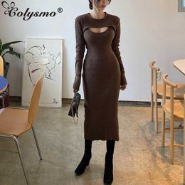 Colysmo Knitted Slip Dress Brown Bodycon Midi Dresses for Women Party Long Sleeve Wear Fall Chic Streetwear Lady vestidos 210527