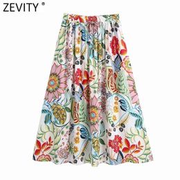 Zevity Women Vintage Totem Floral Print Pleats Casual A line Skirt Faldas Mujer Female Elastic Waist Lace Up Chic Vestido QUN796 210621