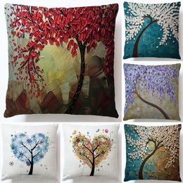 Cushion/Decorative Pillow Three-dimensional Oil Painting Tree Linen Pillowcase Cartoon Flower Pattern Cushion Cover European Waist Sofa