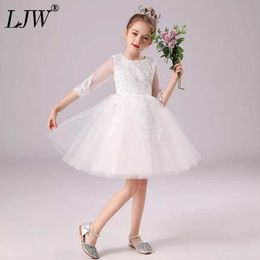 2021 girl princess lace long-sleeved wedding female four seasons girl Chinese big children solid Colour lace dress Q0716