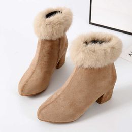 2021 Winter Women Snow Boots Mid Heel Furry Suede Female Ankle Boots Zipper Pointed Toe Solid Lady Shoes Elegant Fashion Fotwear Y1018