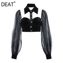 [DEAT] Summer Fashion Tops Single-breasted Solid Color Long Sleeve Net Yarn Velvet Sexy Style Women Shirt 13C910 210527