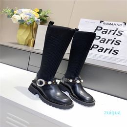 designer Sock Boots Knee High Stretch Fabric Round Toe Metal Chain Spring Autumn Long Boot for Girls Ladies Shoes Beaded Female Footwear