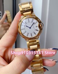 New Classic Womens Geometric Ice Diamond watches Yellow Gold Stainless steel Glass Wristwatch Female Quartz clock 36mm