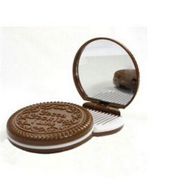 CX111 Make Up With Comb Girls Women Mini Pocket Mirrors Cute Chocolate Cookie Shaped Mirror Makeup