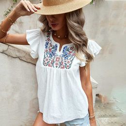 Casual Butterfly Sleeve Top Embroidered Stitching Cotton Top Short Sleeve O-neck Top Pullover Printed White Clothes 210712