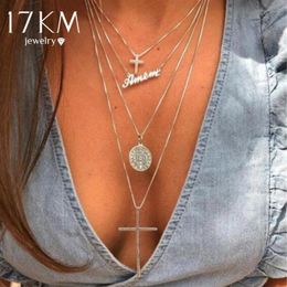 17km jewelry UK - Pendant Necklaces 17KM Bohemian Multilayer Big Cross Necklace For Women Gold Silver Color Religious Word Letter AMEN 2021 Fashion Jewelry