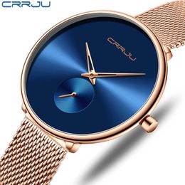 Fashion Women Watch Luxury CRRJU Casual Simple Ladies Daily Dress Mesh Wristwatch Minimalist Waterproof Quartz Female Clock 210616