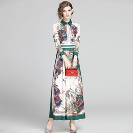 Fashion Women Birds Print Shirt Dress with Single-Breasted Wrist Sleeve Maxi Dress Vestido Spring Fall Trend Long Dress 210514