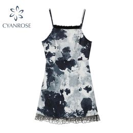 Summer Women's Spaghetti Strap Dress Fashion Tie-dyed Lace Patchwork Sexy Bodycon Backless Vintage Suspender Female 210515