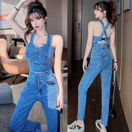 spring fashion Sexy women sling crossover halter denim jacket + pants two-piece sets 210531