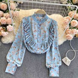 Women's Blouse Korean Fashion Floral Print Chiffon Shirt Single Breasted O-neck Long Sleeve Ruffles Casual Summer Tops 210603