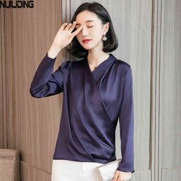 Women Shirts Autumn Sexy V Neck Solid Long Sleeve Tops Blouses Casual Chiffon Female Clothes Plus Size 3XL 210514