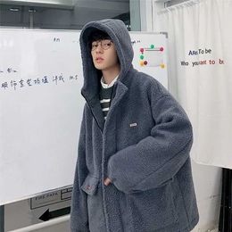 Men Oversized Hoodie Lamb Wool Coat Men's Plus Velvet Thick Winter Padded Jacket Korean Loose Warm Cotton Outerwear 211129