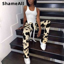 Stacked Leggings Cow Leopard Printed Joggers High Waist Sweatpants Women Ruched Pants Stretchy Jogging Femme Autumn Trousers Y211115