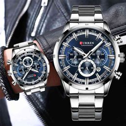 New CURREN Top Brand Luxury Fashion Mens Watches Stainless Steel Chronograph Quartz Watch Men Sport Male Clock Relogio Masculino 210329