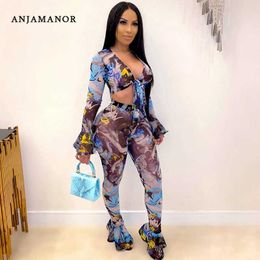 ANJAMANOR Fashion Print Sheer Mesh Sexy 2 Piece Sets Womens Club Outfits Long Sleeve Crop Top and Bell Bottom Pants D37-DI20 T200810