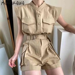 MATAKAWA Women Jumpsuits Stand Collar Single-breasted Rompers&Playsuits Lace-up Waist Flying Sleeve Tooling Overalls Bodysuits 210513