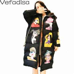 Spring Winter Character Print Parka Women Thick Hooded Jacket Loose Zipper Cotton padded Coat White Black QYF1284 210923