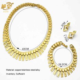 Xuhuang Indian Bridal Wedding Jewellery Set Gold Plated Earring Necklace and Bracelet African Luxury Nigerian Jewellery for Women TO3D 6MZJ