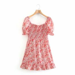 Summer Women Flower Printing Square Collar Elastic Mini Dress Female Puff Sleeve Clothes Casual Lady Slim Vestido D7602 210430